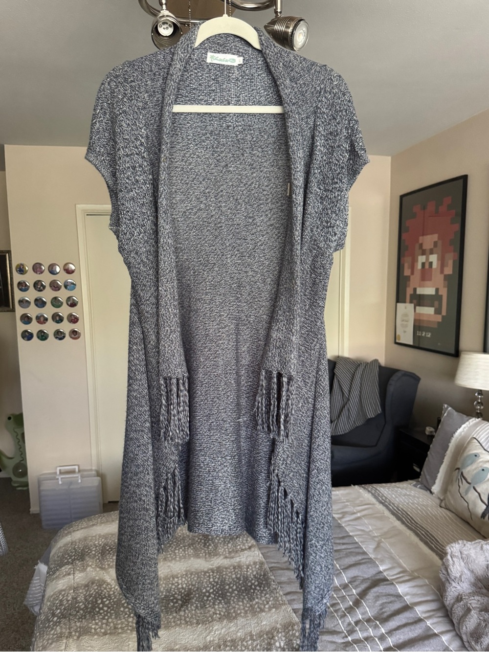 Lulu-B Marled Slate Blue Open-Front Short Sleeved Cardigan with Fringe Edging